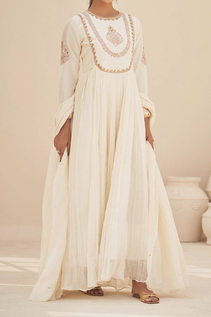 Shop Hirika &amp; Dhruti Ivory Anarkali Chanderi, Dupatta Organza, Lining Crepe Hand Embroidered Set For Kids at Aza Fashions