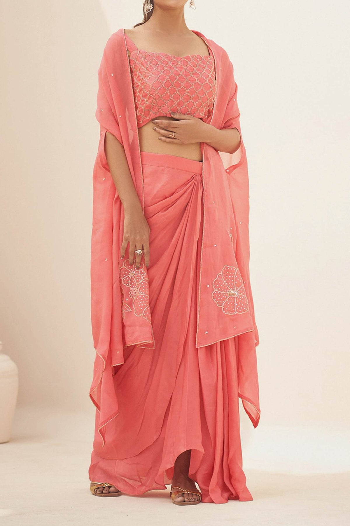 Shop Hirika &amp; Dhruti Peach Silk, Jacket Organza, Lining Crepe Bead And Embroidered Draped Skirt Set For Kids at Aza Fashions