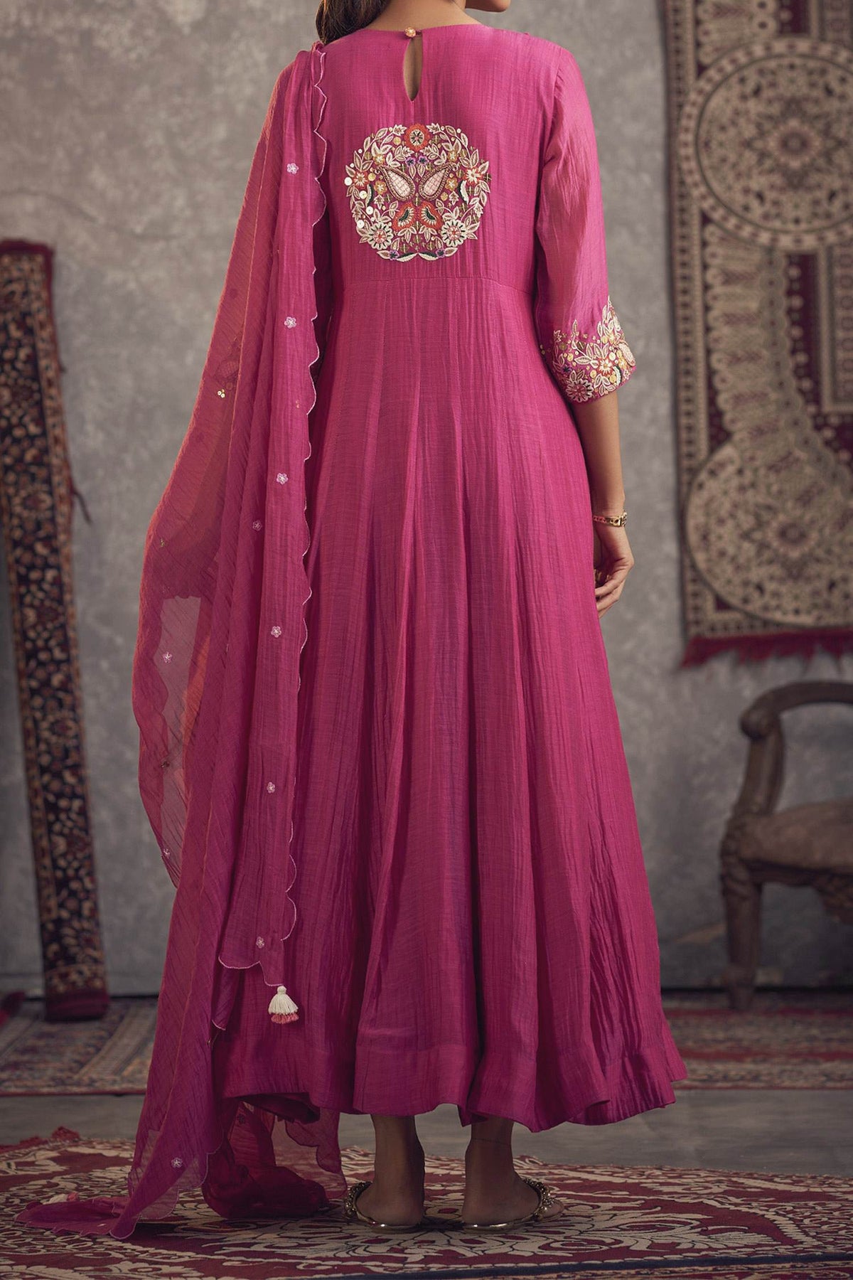 Hirika &amp; Dhruti Pink Chanderi Thread And Sequin Work Hand Embroidered Anarkali With Dupatta For Kids Online at Aza Fashions