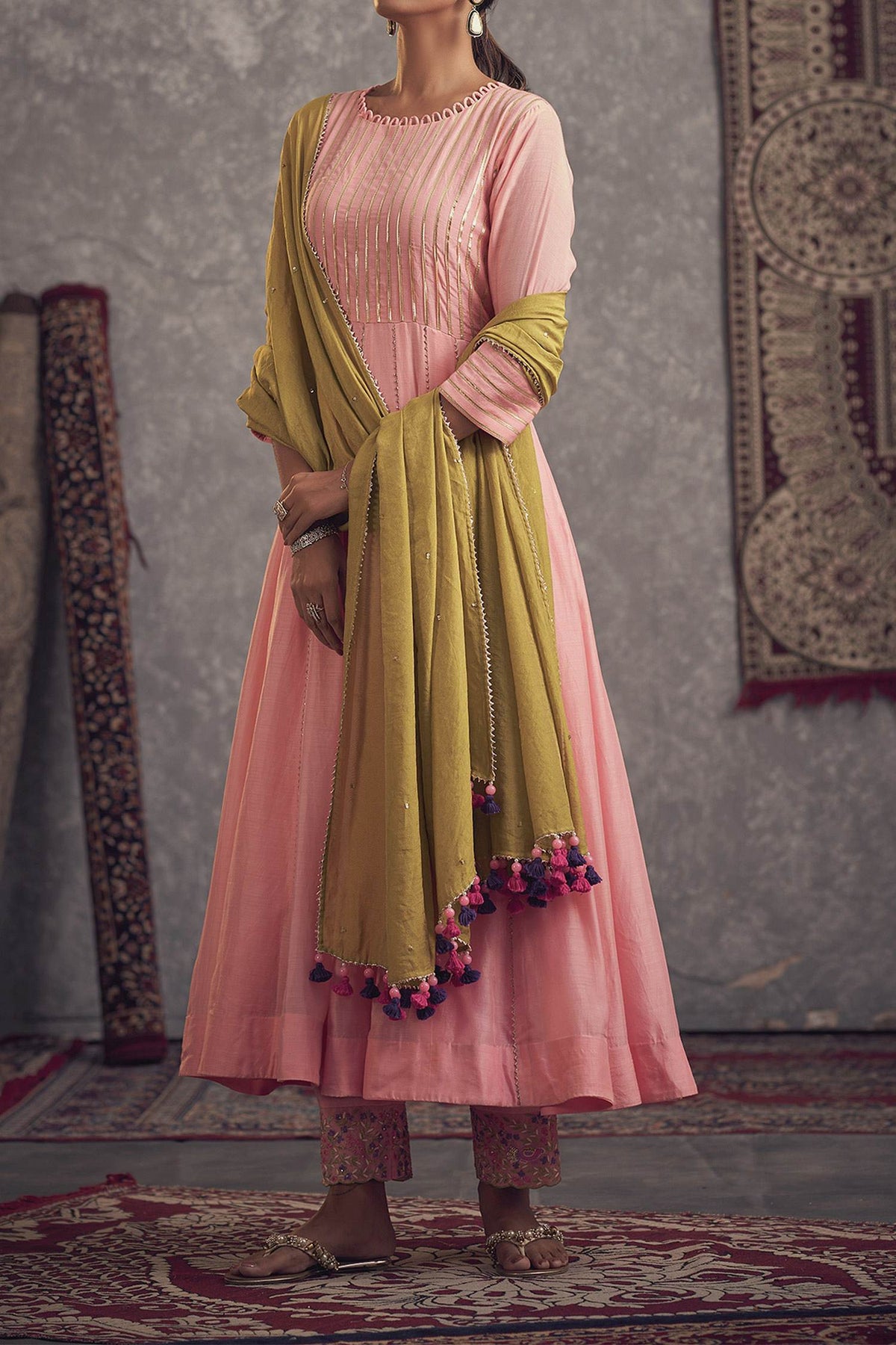 Hirika &amp; Dhruti Pink Cotton Silk, Dupatta Tissue, Lining Crepe Gota, Embroidered Anarkali Set For Kids Online at Aza Fashions