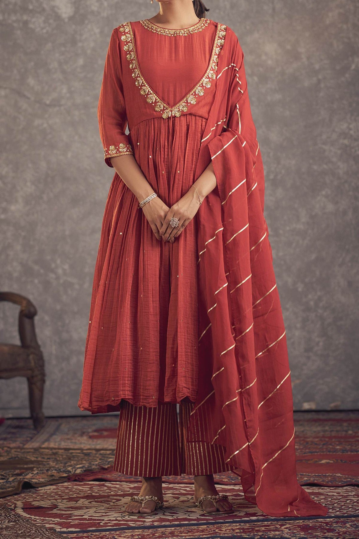 Hirika &amp; Dhruti Red Cotton, Anarkali Chanderi, Lining Crepe Gota, Zari And Sequin Work Pant Set For Kids Online at Aza Fashions