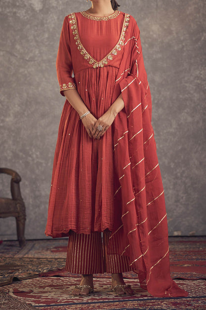 Hirika &amp; Dhruti Red Cotton, Anarkali Chanderi, Lining Crepe Gota, Zari And Sequin Work Pant Set For Kids Online at Aza Fashions