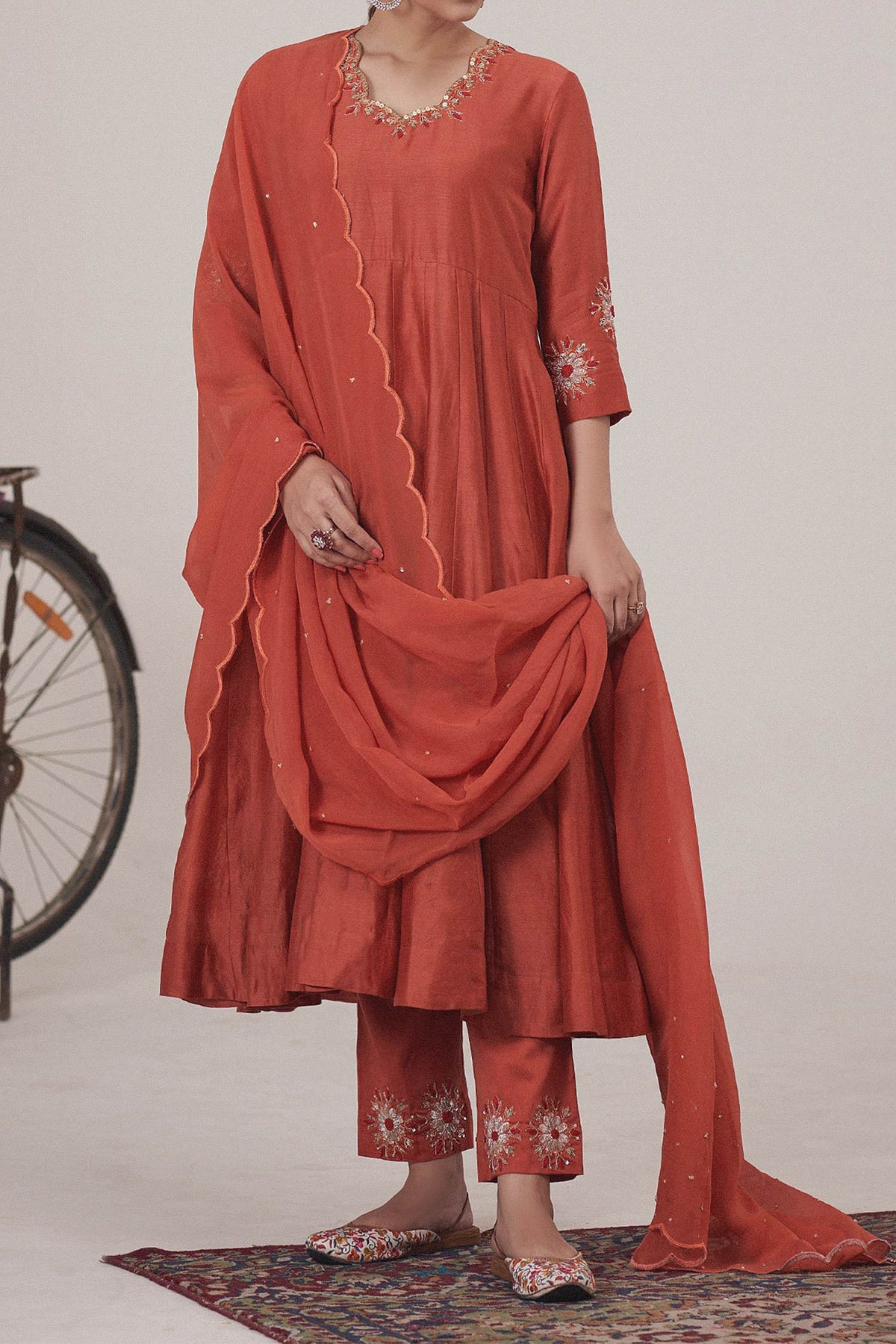 Shop Hirika &amp; Dhruti Orange Anarkali Silk Chanderi, Dupatta Organza, Pant Cotton Embroidered Set For Kids at Aza Fashions