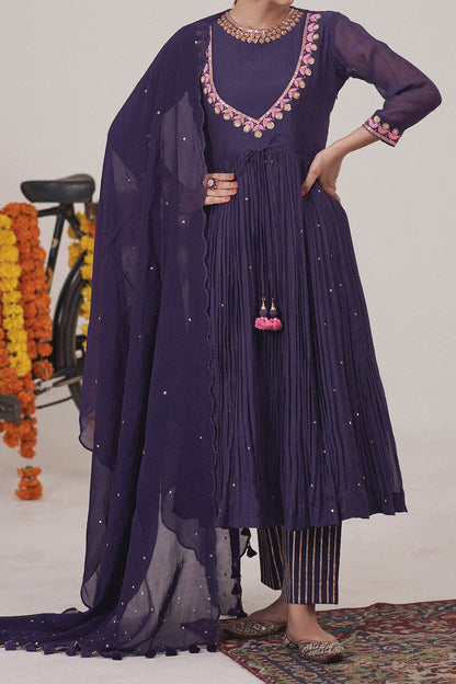 Shop Hirika &amp; Dhruti Purple Dupatta Organza, Pant Cotton, Anarkali Tulip Embroidered Pleated Set For Kids at Aza Fashions