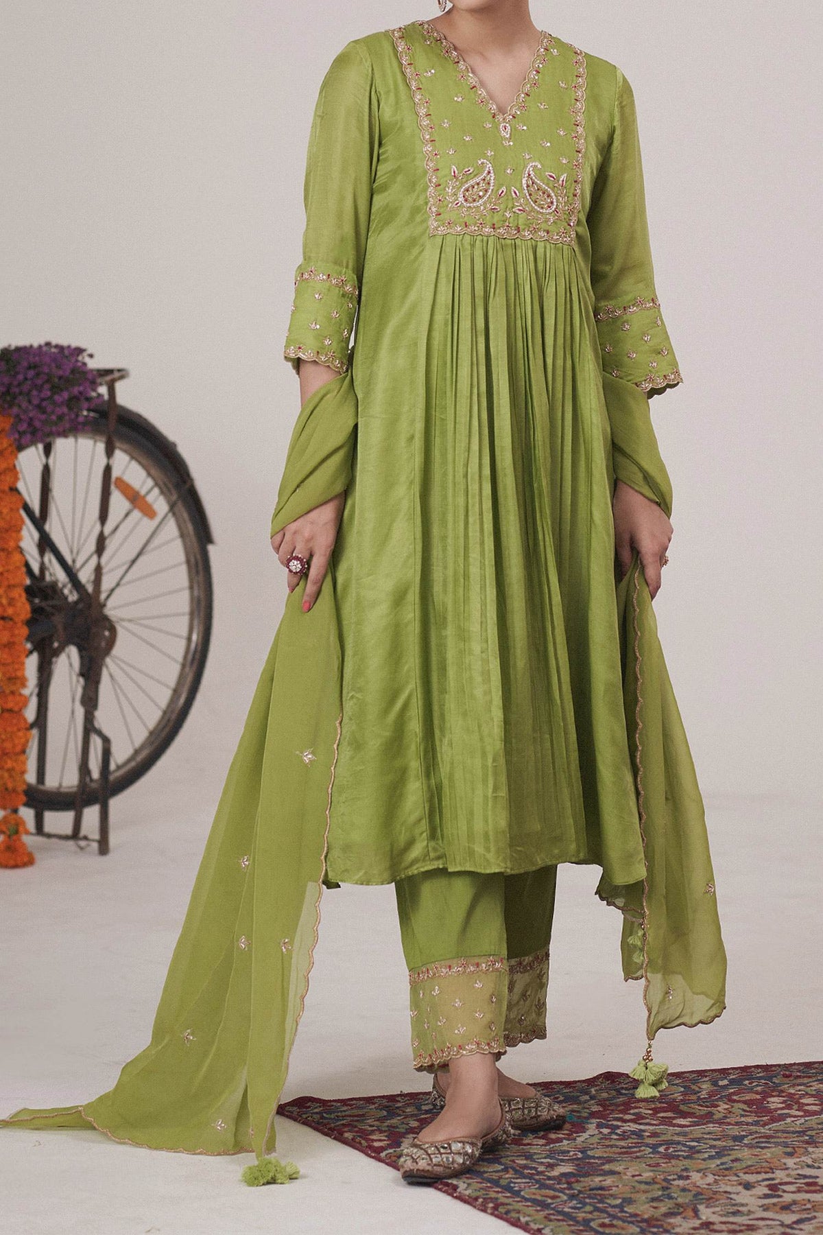 Shop Hirika &amp; Dhruti Green Anarkali Gajji Silk, Dupatta Organza, Pant Paisley Embroidered Set For Kids at Aza Fashions