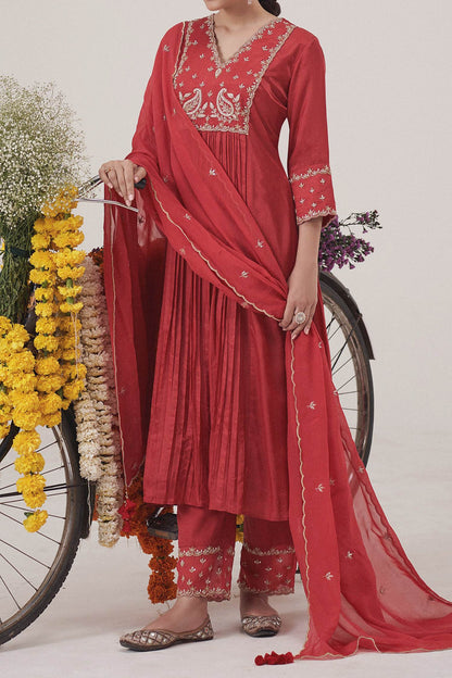Shop Hirika &amp; Dhruti Red Anarkali Gajji Silk, Dupatta Organza, Pant Paisley Embroidered Set For Kids at Aza Fashions