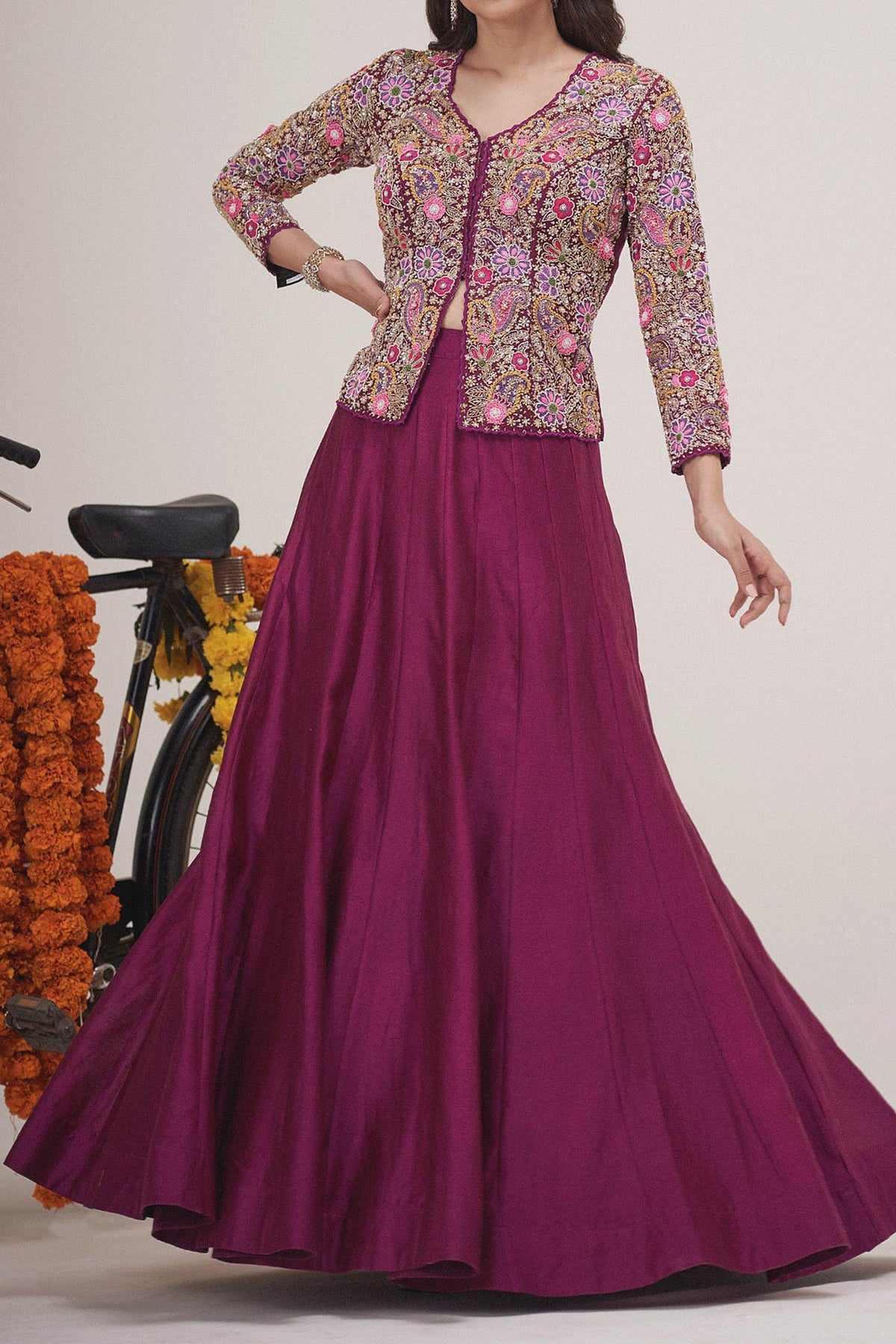 Shop Hirika &amp; Dhruti Purple Silk Chanderi Sequin, Paisley Bloom Embroidered Jacket Blouse With Lehenga For Kids at Aza Fashions
