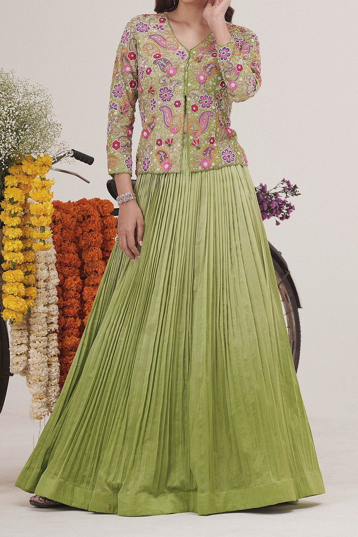 Shop Hirika &amp; Dhruti Green Silk Chanderi Sequin, Beads Bloom Embroidered Jacket Blouse With Lehenga For Kids at Aza Fashions