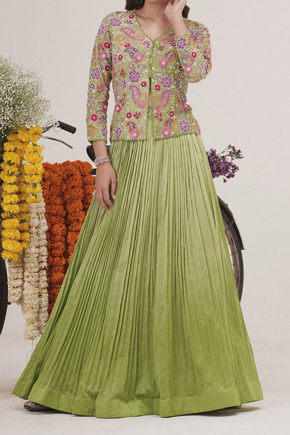 Shop Hirika &amp; Dhruti Green Silk Chanderi Sequin, Beads Bloom Embroidered Jacket Blouse With Lehenga For Kids at Aza Fashions