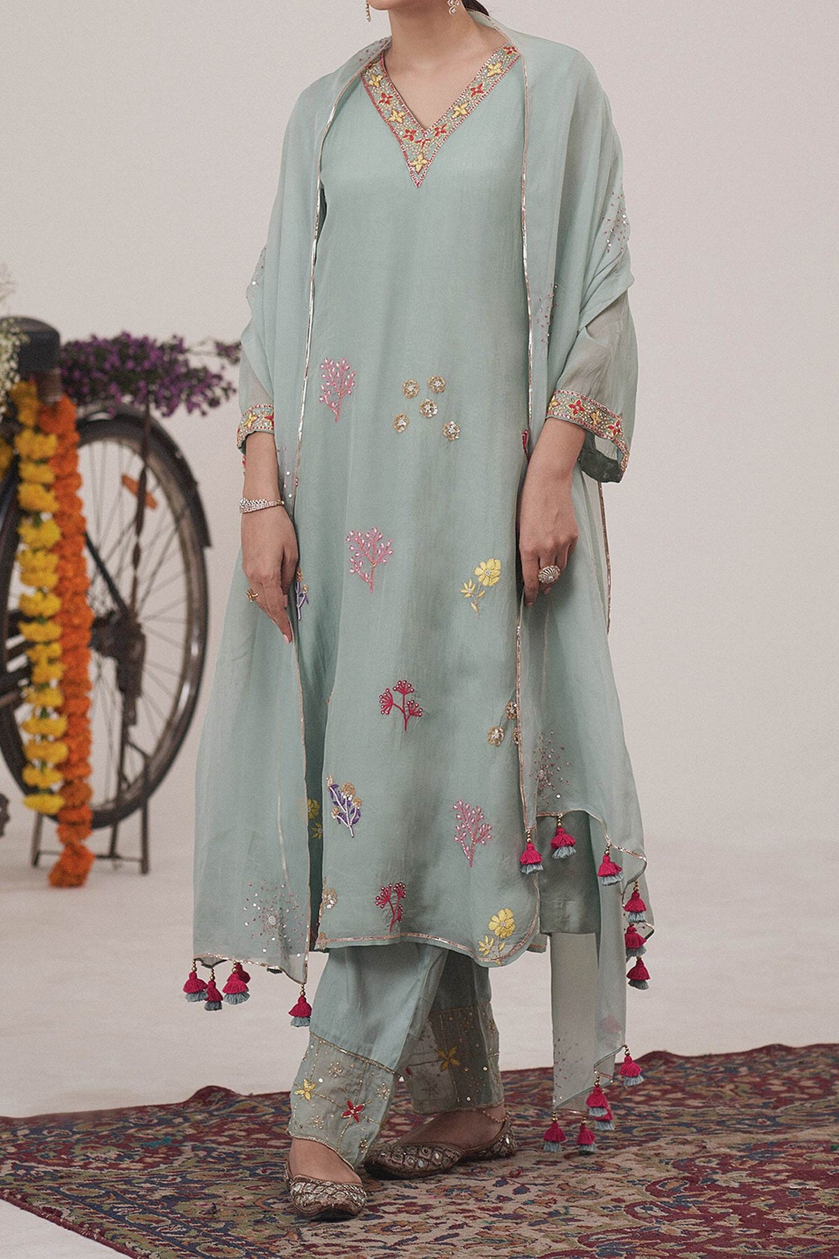 Shop Hirika &amp; Dhruti Green Dupatta Organza, Pant Cotton, Kurta Gajji Silk Floral Garden Set For Kids at Aza Fashions