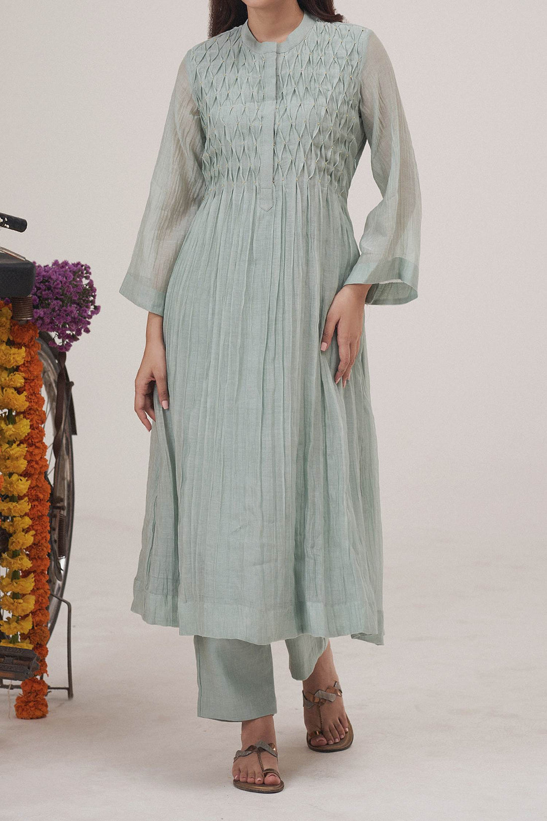 Shop Hirika &amp; Dhruti Blue Malai Chanderi Pearls Smocked Yoke Kurta With Pant For Kids at Aza Fashions