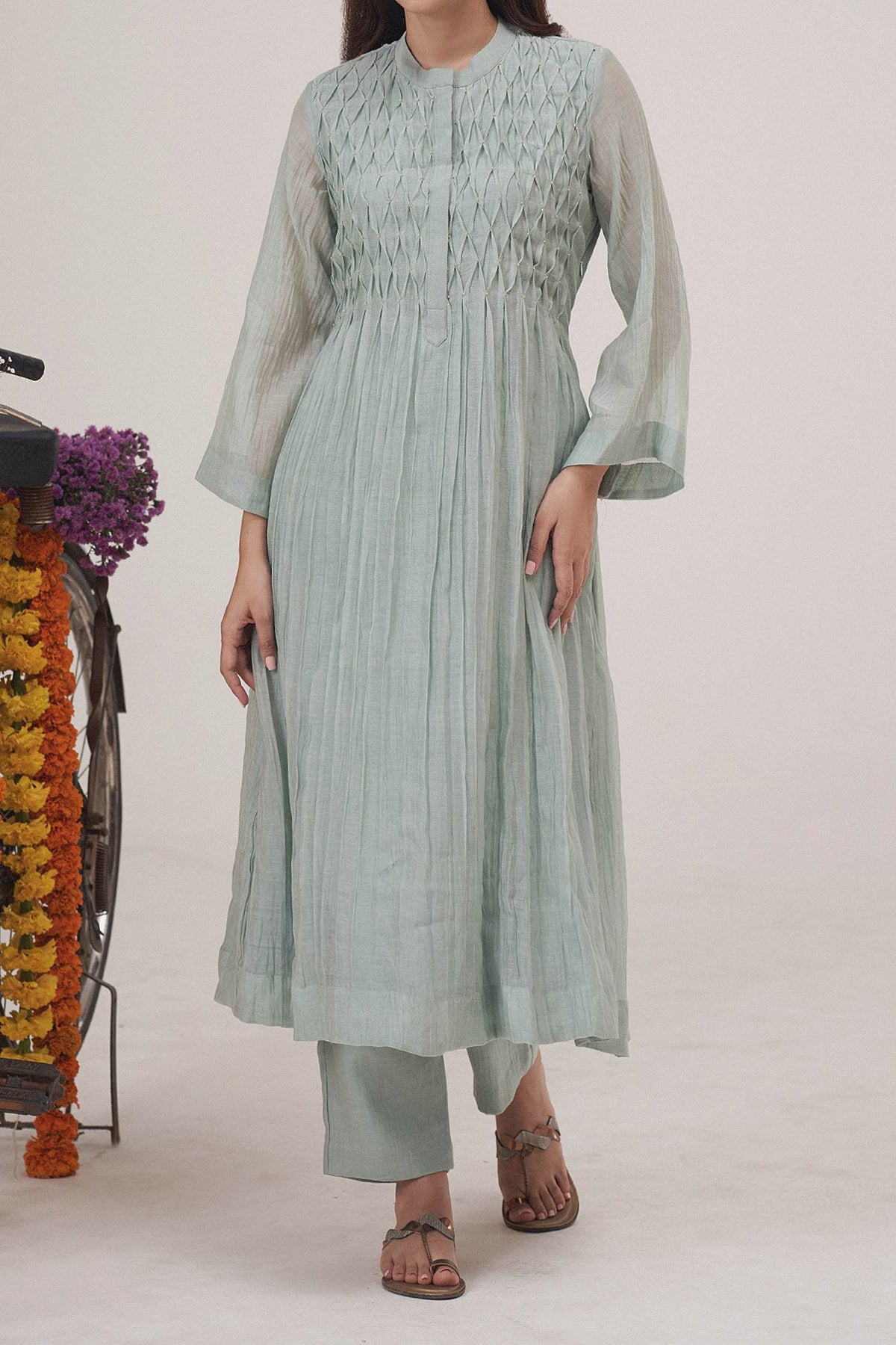 Shop Hirika &amp; Dhruti Blue Malai Chanderi Pearls Smocked Yoke Kurta With Pant For Kids at Aza Fashions