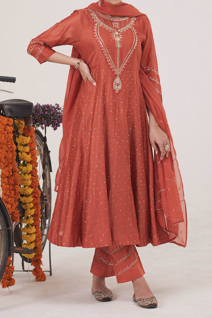 Shop Hirika &amp; Dhruti Orange Anarkali Silk Chanderi, Dupatta Organza, Pant Hand Embroidered Set For Kids at Aza Fashions