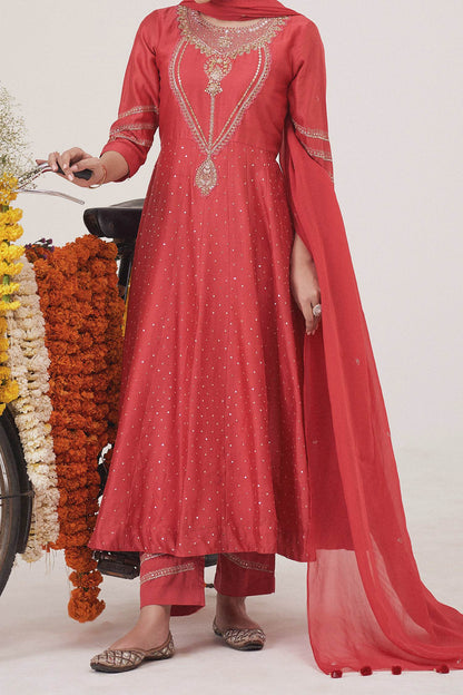 Shop Hirika &amp; Dhruti Red Anarkali Silk Chanderi, Dupatta Organza, Pant Cotton Zardosi, Work Set For Kids at Aza Fashions