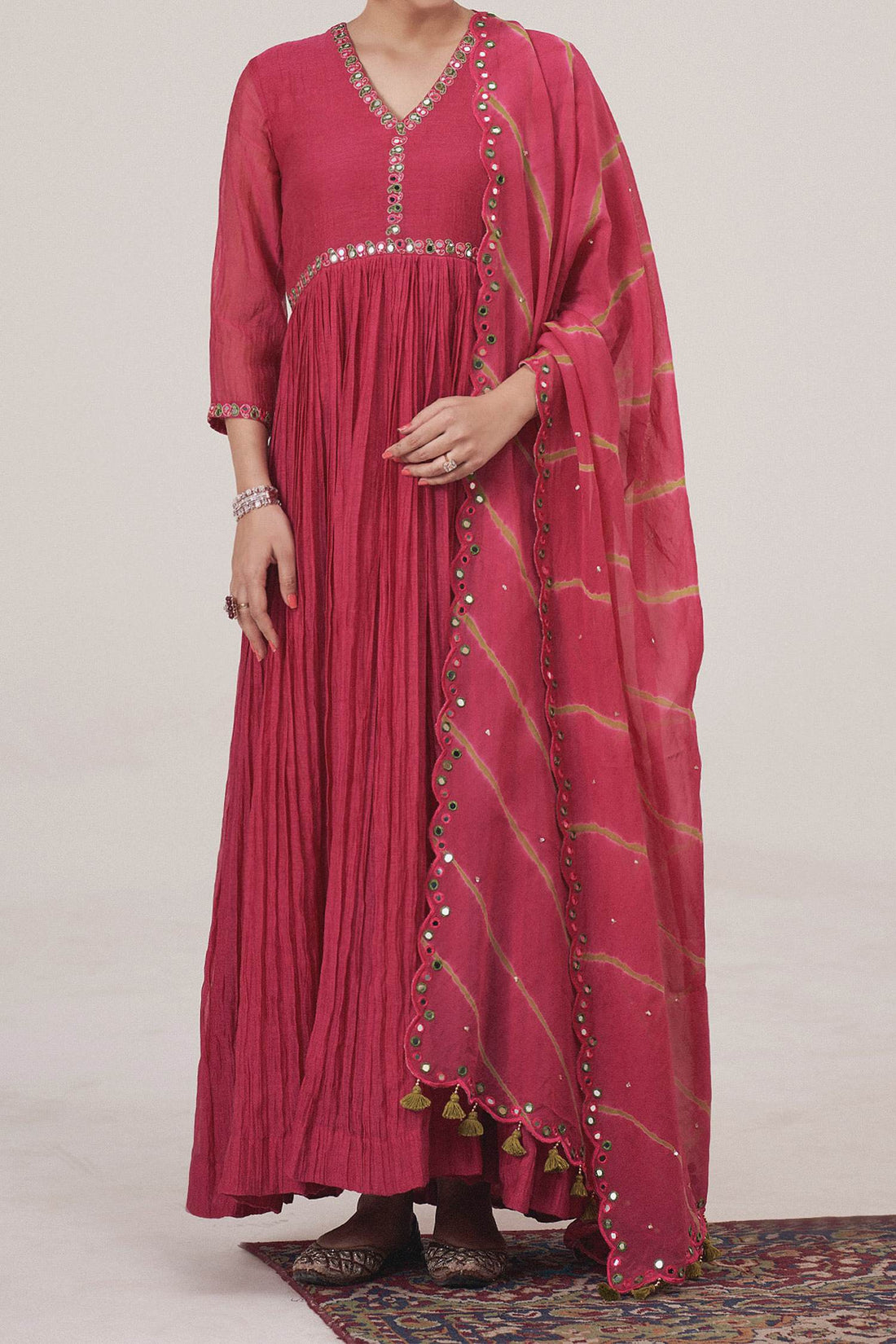 Shop Hirika &amp; Dhruti Maroon Anarkali Malai Chanderi, Dupatta Organza Leheriya Embroidered With For Kids at Aza Fashions