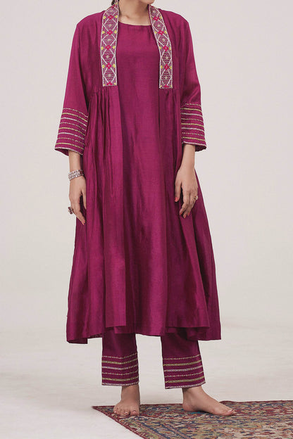 Shop Hirika &amp; Dhruti Magenta Pant Cotton, Inner Anarkali And Jacket Silk Chanderi Embroidered Set For Kids at Aza Fashions