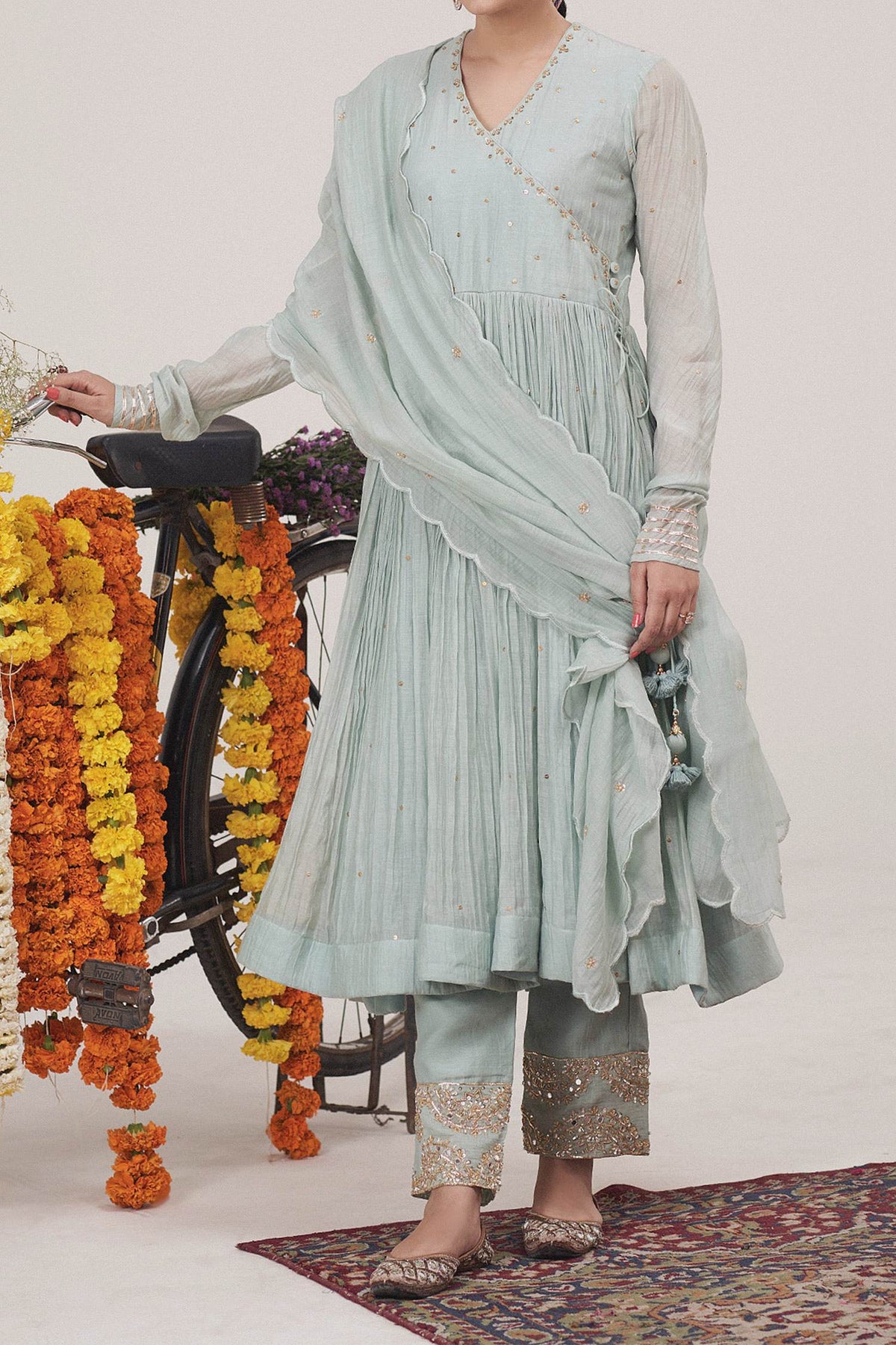 Shop Hirika &amp; Dhruti Blue Malai Chanderi Zardosi, Metal Tikki Embroidered Anarkali Pant Set For Kids at Aza Fashions