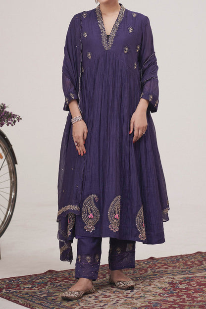 Hirika &amp; Dhruti Purple Malai Chanderi Marodi Work Anarkali Pant Set For Kids