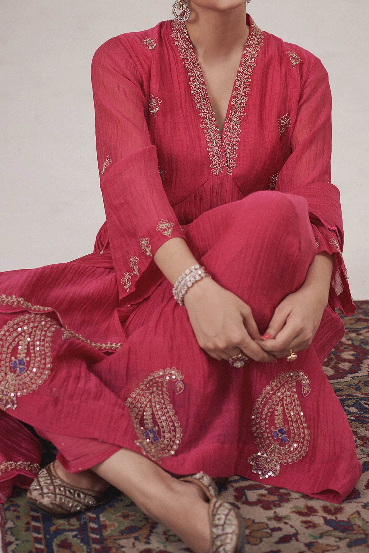 Shop Hirika &amp; Dhruti Pink Malai Chanderi Marodi Embroidered Anarkali Pant Set For Kids at Aza Fashions