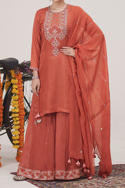 Shop Hirika &amp; Dhruti Orange Dupatta Organza, Kurta Gajji Silk, Sharara Hand Embroidered Set For Kids at Aza Fashions