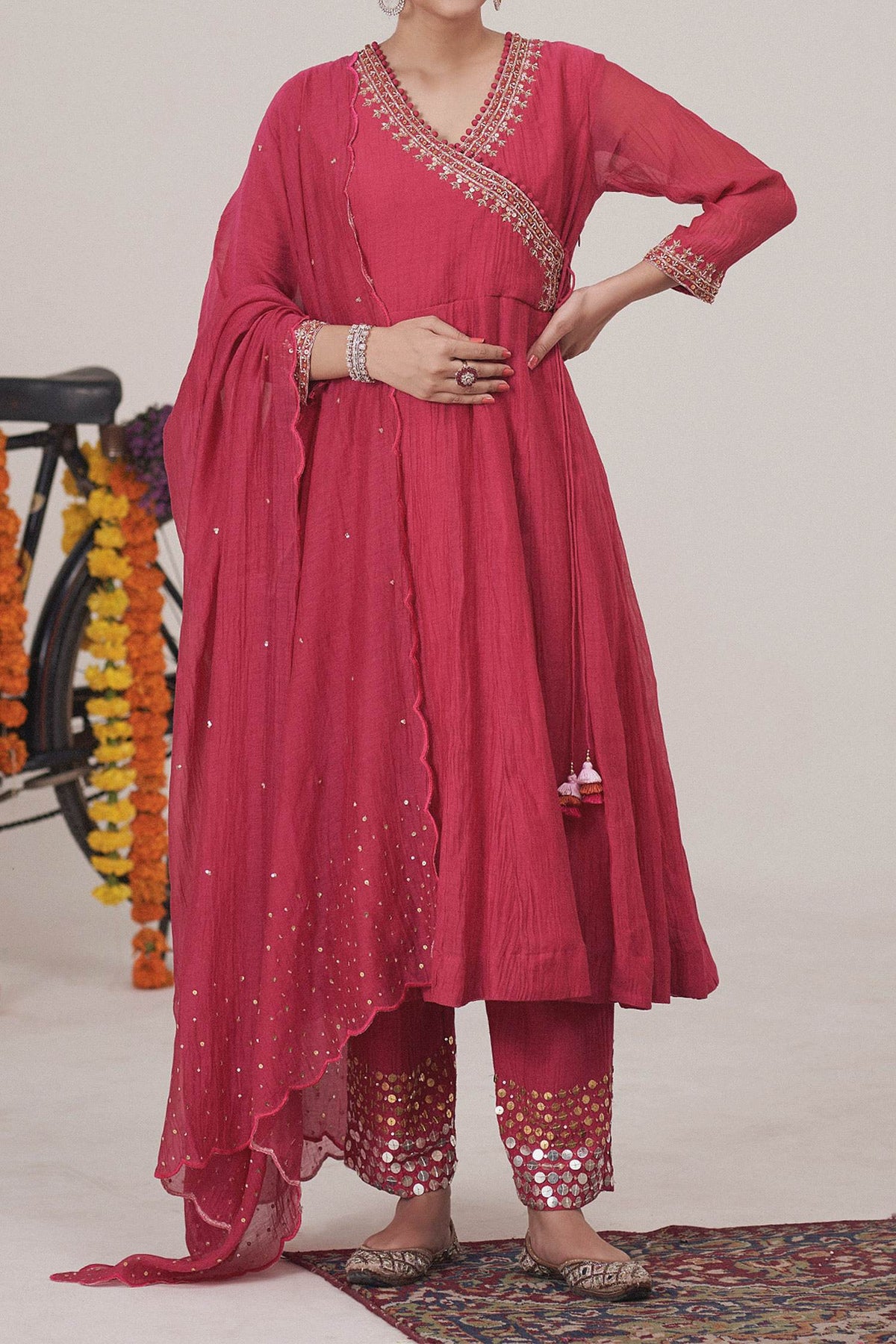 Shop Hirika &amp; Dhruti Pink Malai Chanderi Sequin, Thread Embroidered Angarkha Pant Set For Kids at Aza Fashions