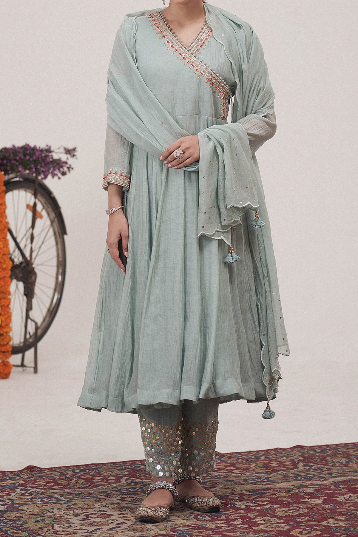 Shop Hirika &amp; Dhruti Blue Malai Chanderi Sequin, Thread And Embroidered Angarkha Pant Set For Kids at Aza Fashions