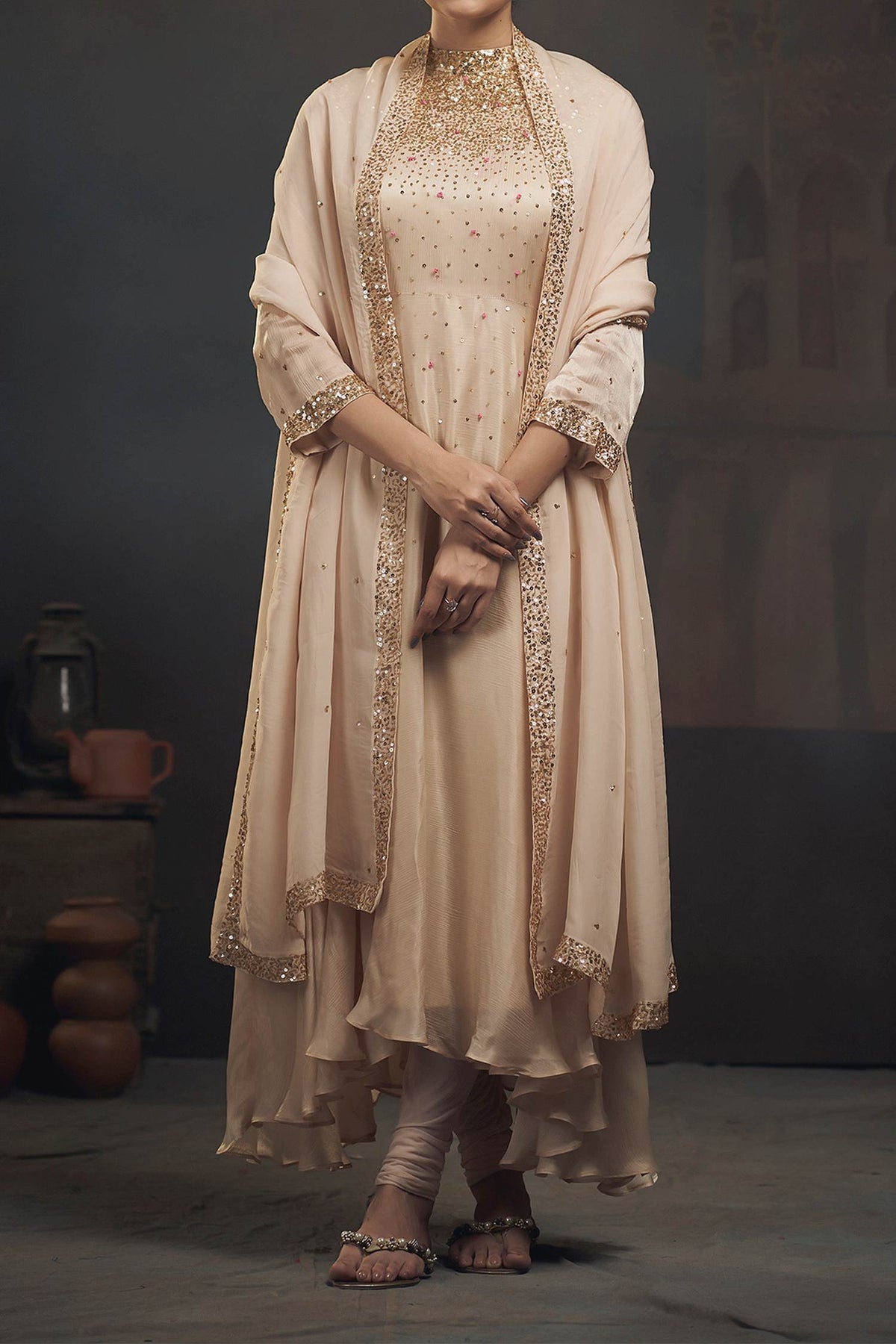 Shop Hirika &amp; Dhruti Beige Organza, Chinnon, Lycra French Knots, Scattered Embroidered Anarkali Set For Kids at Aza Fashions