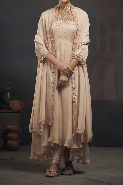 Shop Hirika &amp; Dhruti Beige Organza, Chinnon, Lycra French Knots, Scattered Embroidered Anarkali Set For Kids at Aza Fashions