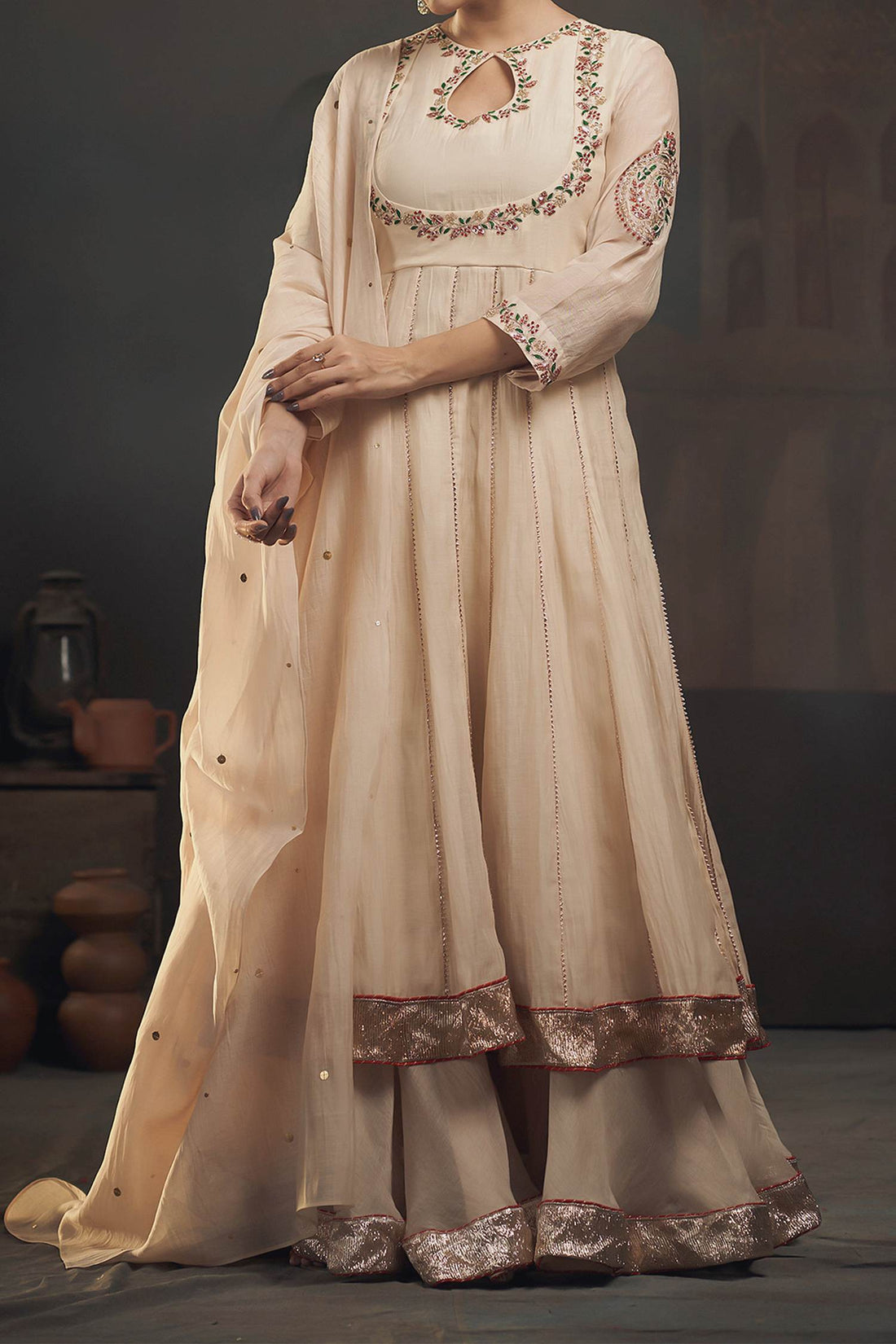 Shop Hirika &amp; Dhruti Beige Organza, Chanderi Floral, Sequins, Embroidered Kali Kurta Sharara Set For Kids at Aza Fashions