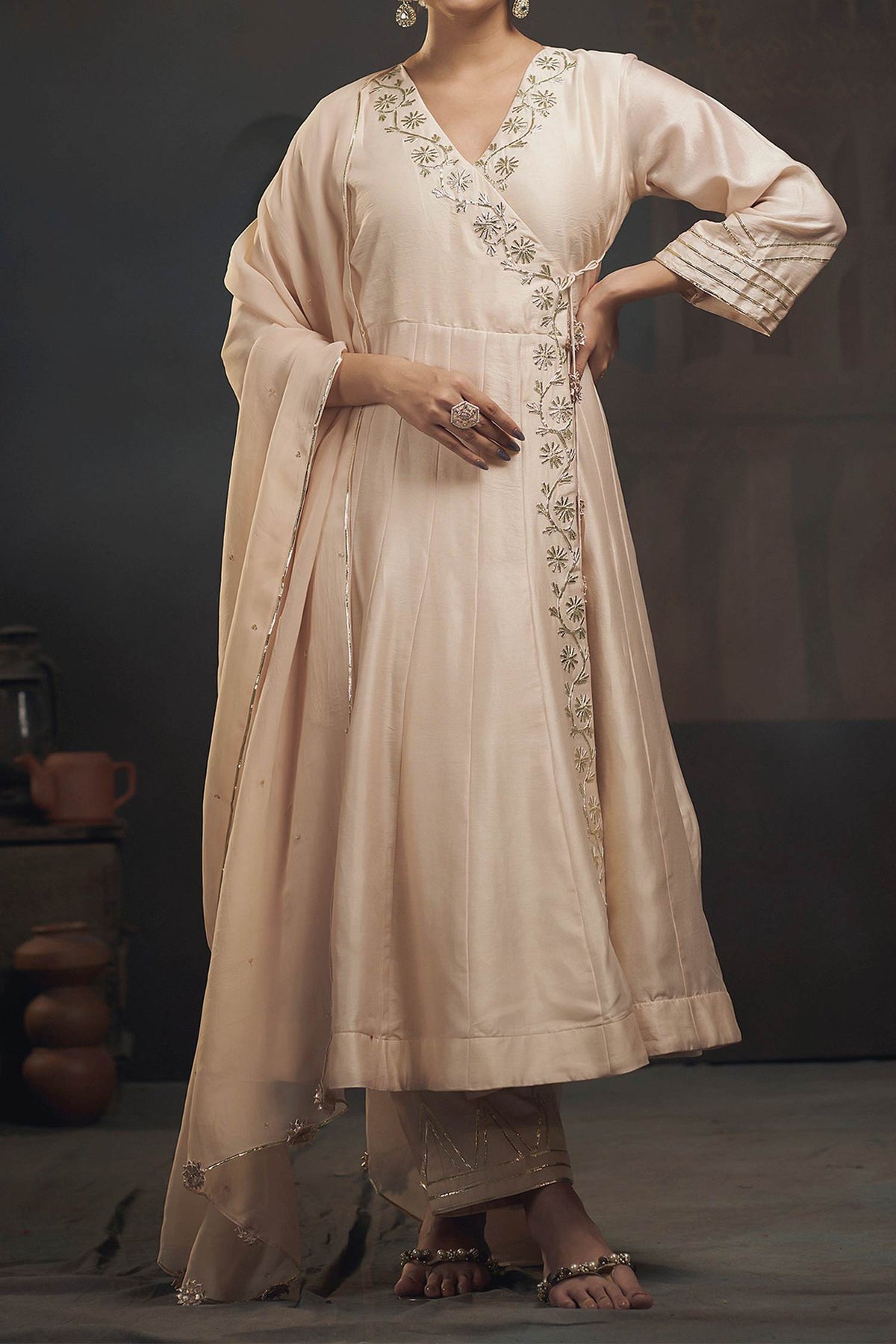 Shop Hirika &amp; Dhruti Beige Dupatta Organza, Pant Cotton, Silk Chanderi Gota, Work Angarkha Set For Kids at Aza Fashions