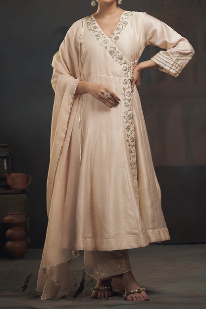 Shop Hirika &amp; Dhruti Beige Dupatta Organza, Pant Cotton, Silk Chanderi Gota, Work Angarkha Set For Kids at Aza Fashions