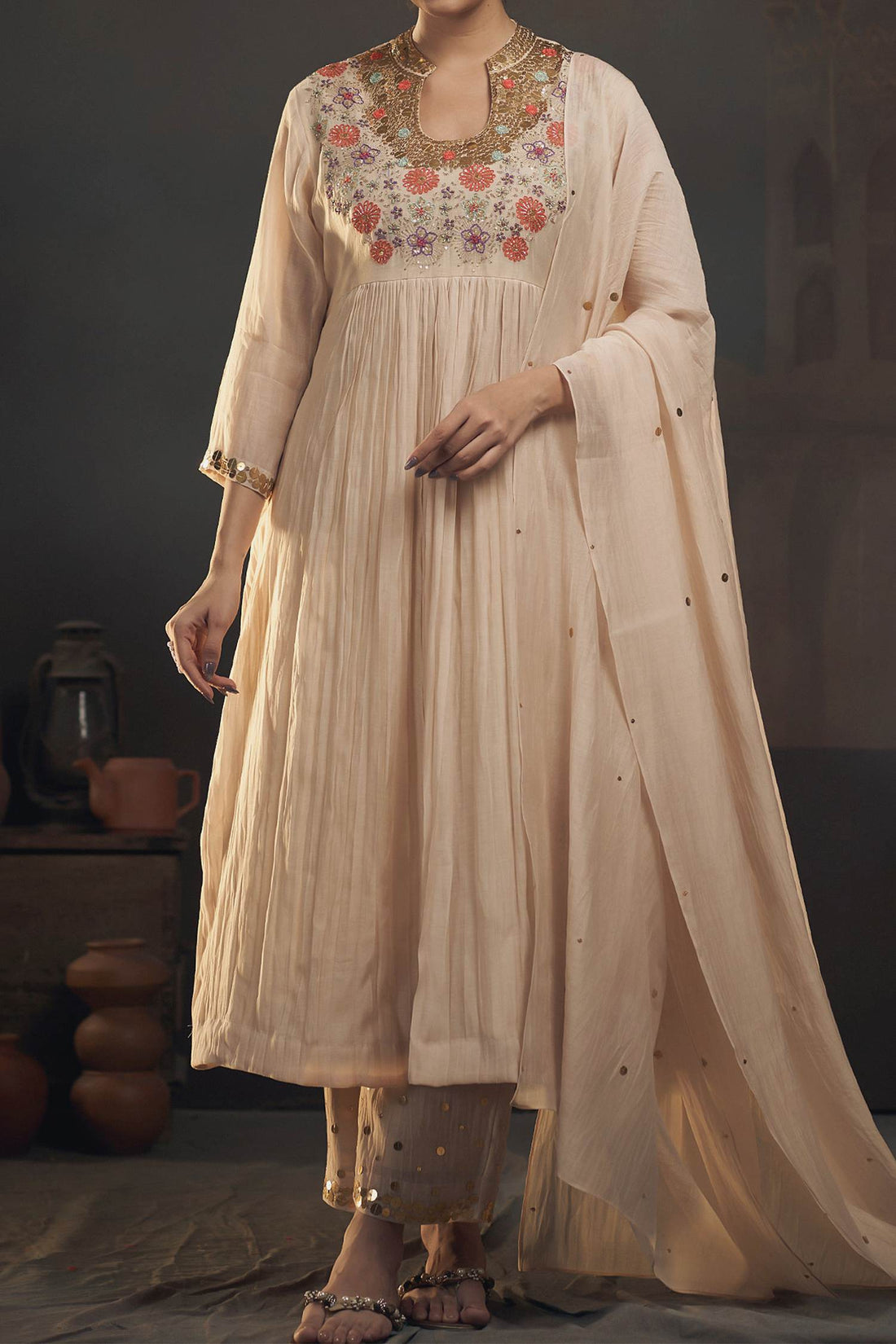 Shop Hirika &amp; Dhruti Beige Chanderi Sequins, Thread, Flowers Embroidered Anarkali Pant Set For Kids at Aza Fashions