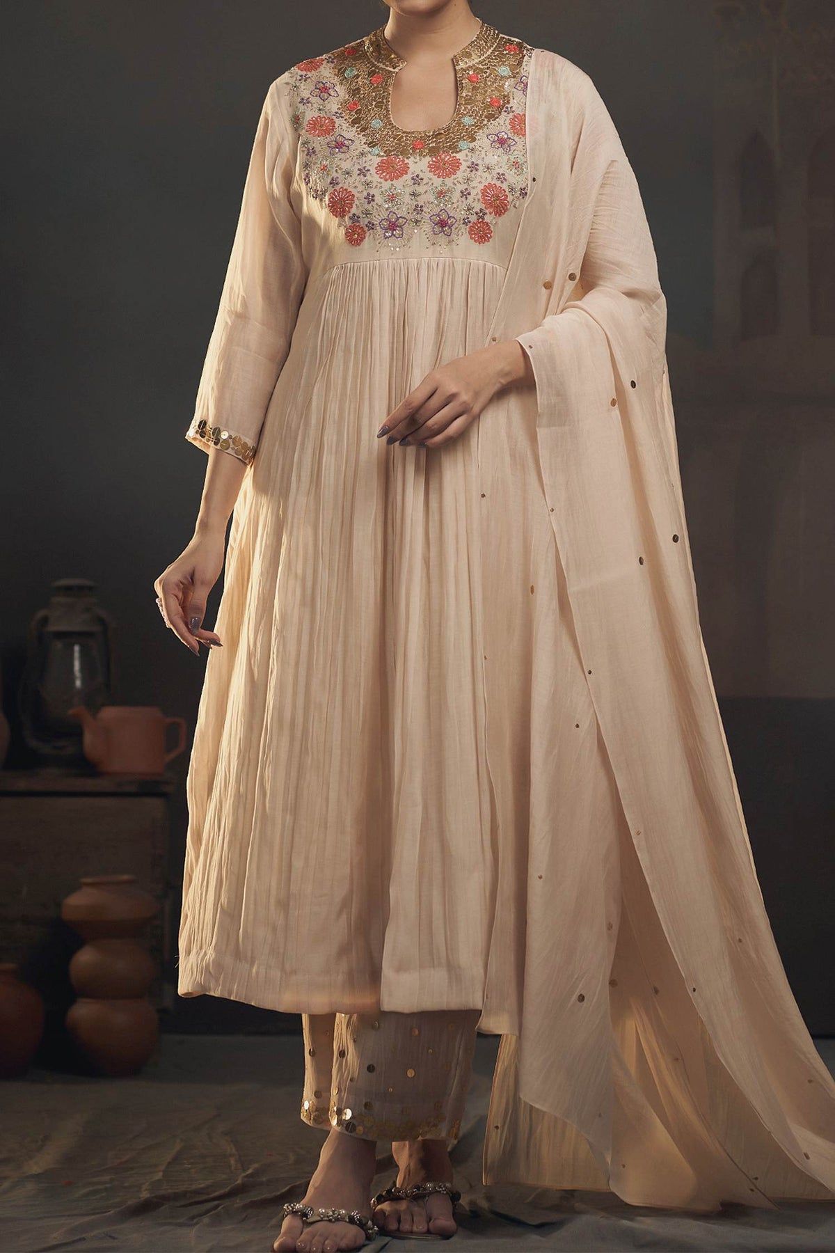 Shop Hirika &amp; Dhruti Beige Chanderi Sequins, Thread, Flowers Embroidered Anarkali Pant Set For Kids at Aza Fashions
