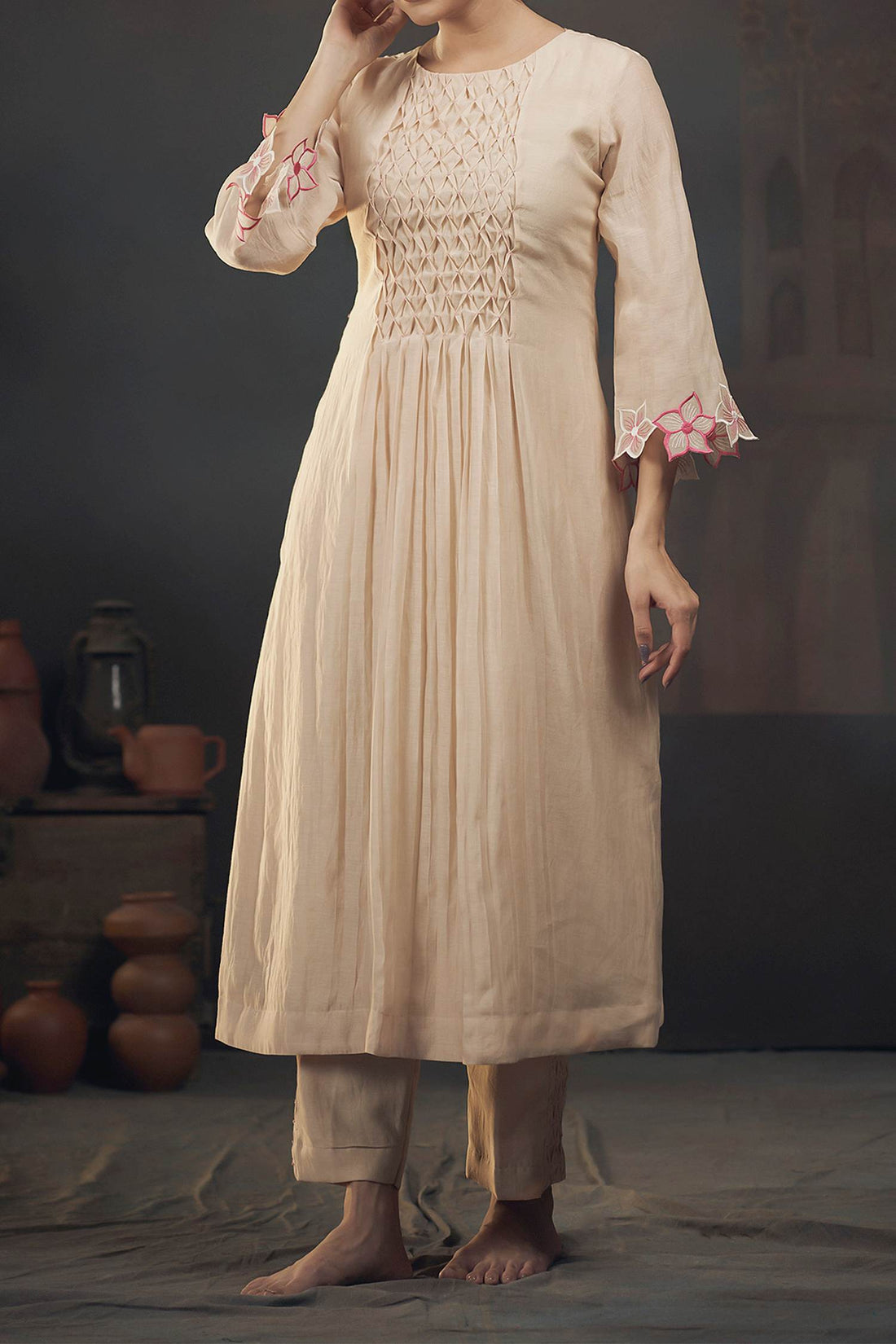 Shop Hirika &amp; Dhruti Beige Chanderi Smocked Gathered Kurta And Pant Set For Kids at Aza Fashions