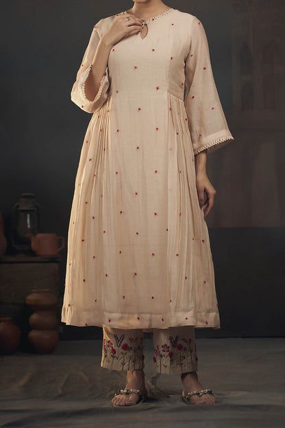 Shop Hirika &amp; Dhruti Beige Chanderi Thread, Garden, Knots Kurta And Embroidered Pant Set For Kids at Aza Fashions