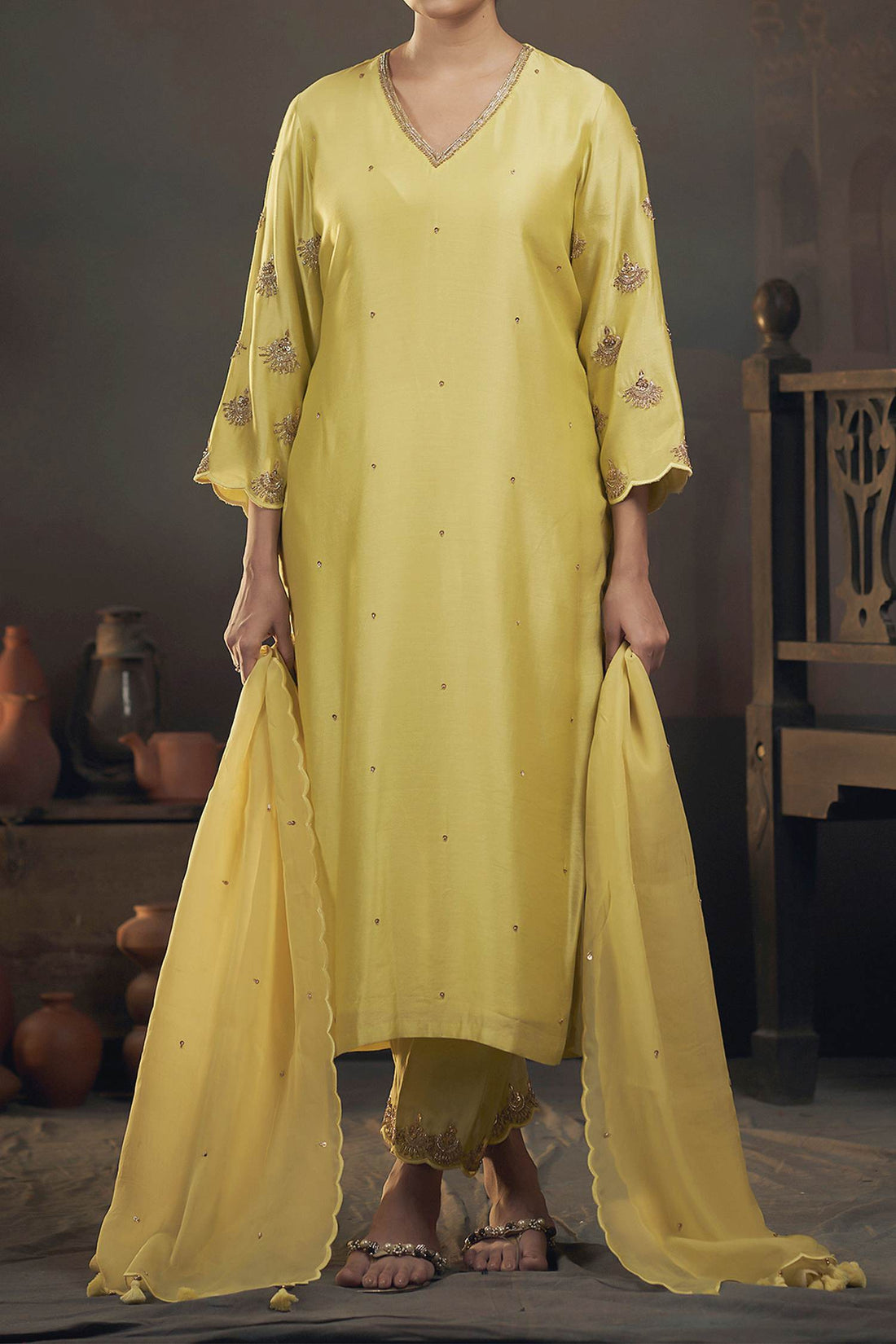Shop Hirika &amp; Dhruti Green Dupatta Organza, Kurta Silk Chanderi, Pant Cotton Embroidered Set For Kids at Aza Fashions