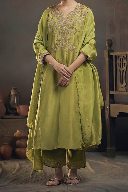 Shop Hirika &amp; Dhruti Green Tissue Zardozi Embroidered Kurta Set For Kids at Aza Fashions