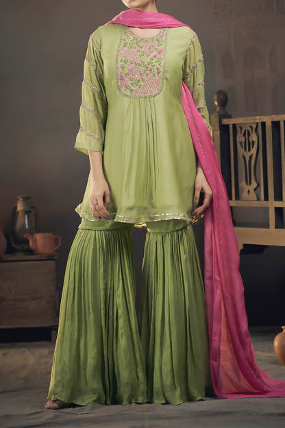 Shop Hirika &amp; Dhruti Green Chinnon Floral Embroidered Peplum Kurta Sharara Set For Kids at Aza Fashions
