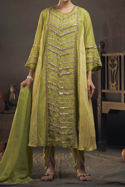 Shop Hirika &amp; Dhruti Green Organza, Cotton Silk Gota Embroidered Kurta Dhoti Pant Set For Kids at Aza Fashions