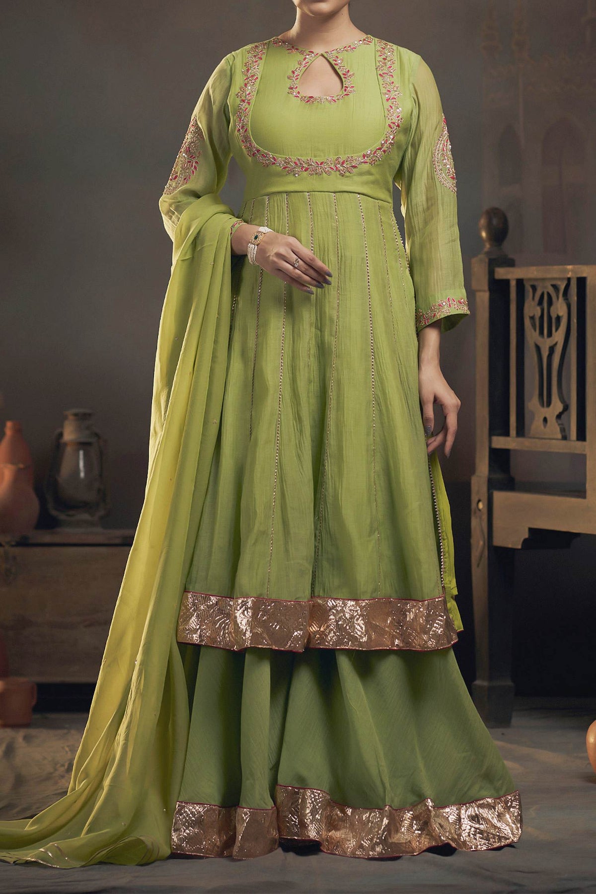 Shop Hirika &amp; Dhruti Green Organza, Chanderi Floral, Sequins, Embroidered Kali Kurta Sharara Set For Kids at Aza Fashions