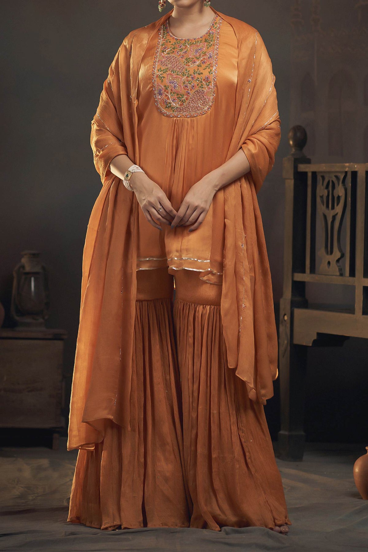 Shop Hirika &amp; Dhruti Yellow Chinnon Flower Embroidered Peplum Kurta Sharara Set For Kids at Aza Fashions