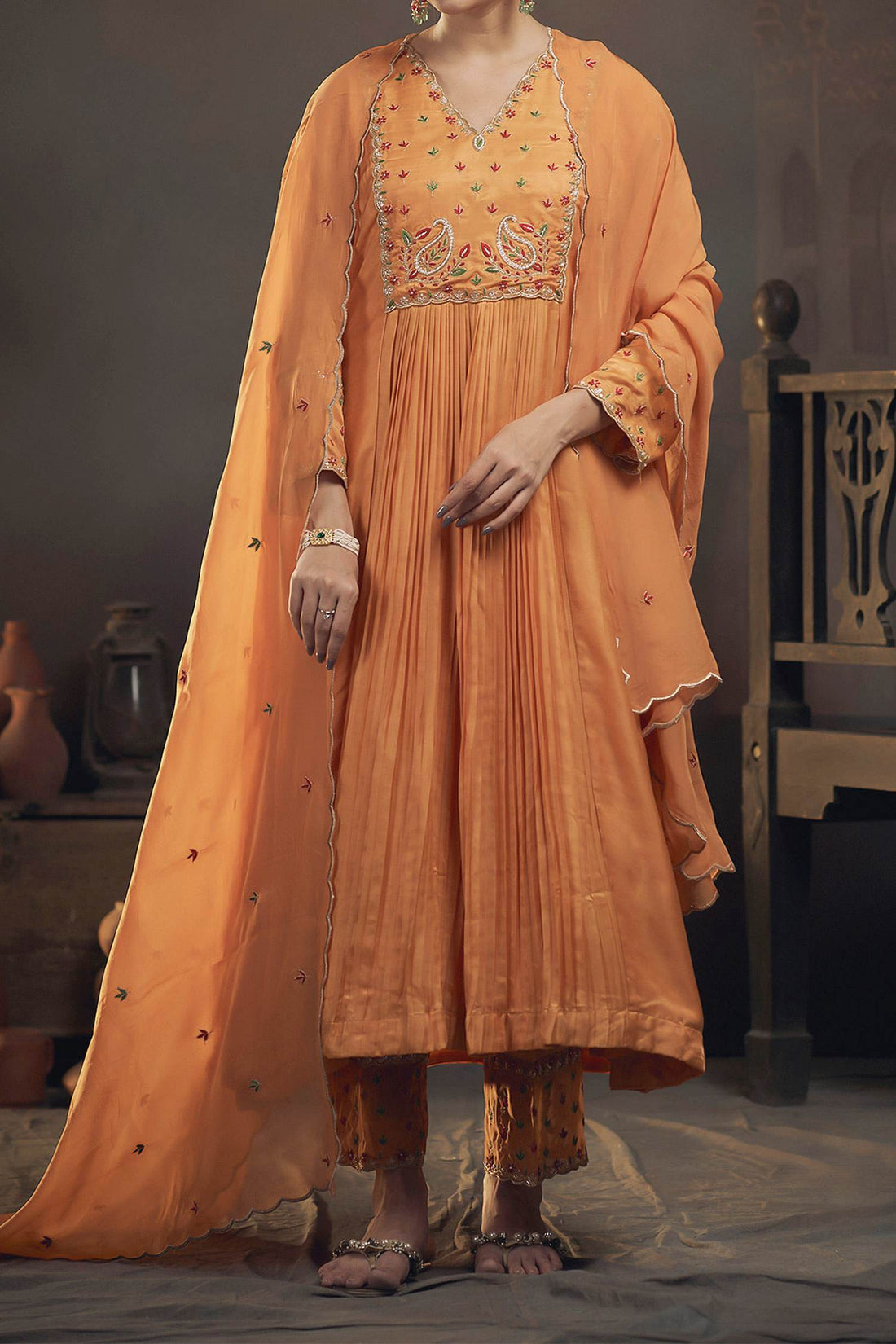 Shop Hirika &amp; Dhruti Yellow Dupatta Organza, Pant Cotton, Kurta Gajji Embroidered Gathered Set For Kids at Aza Fashions
