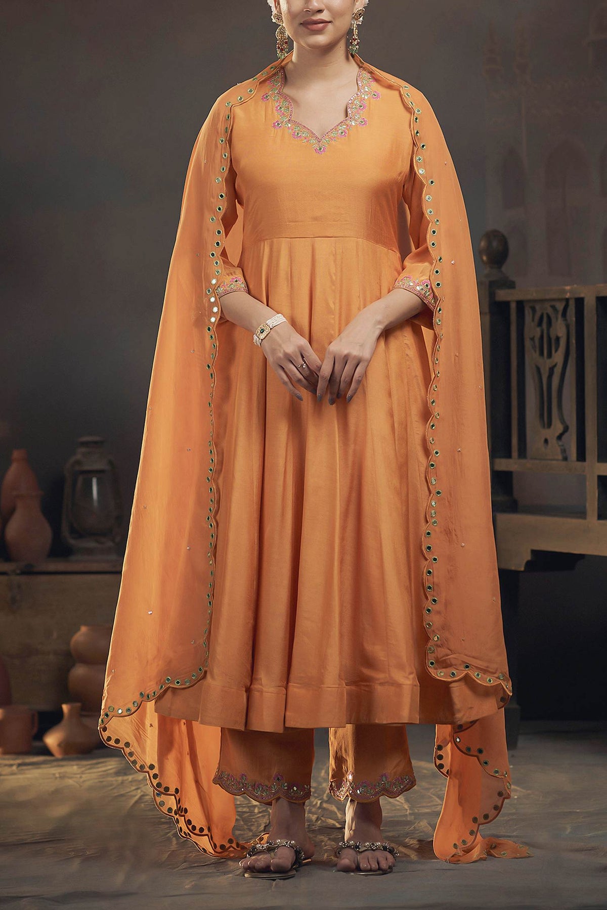 Shop Hirika &amp; Dhruti Yellow Organza, Cotton Silk Floral, Embroidered Neckline Anarkali Pant Set For Kids at Aza Fashions