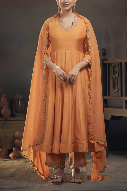 Shop Hirika &amp; Dhruti Yellow Organza, Cotton Silk Floral, Embroidered Neckline Anarkali Pant Set For Kids at Aza Fashions