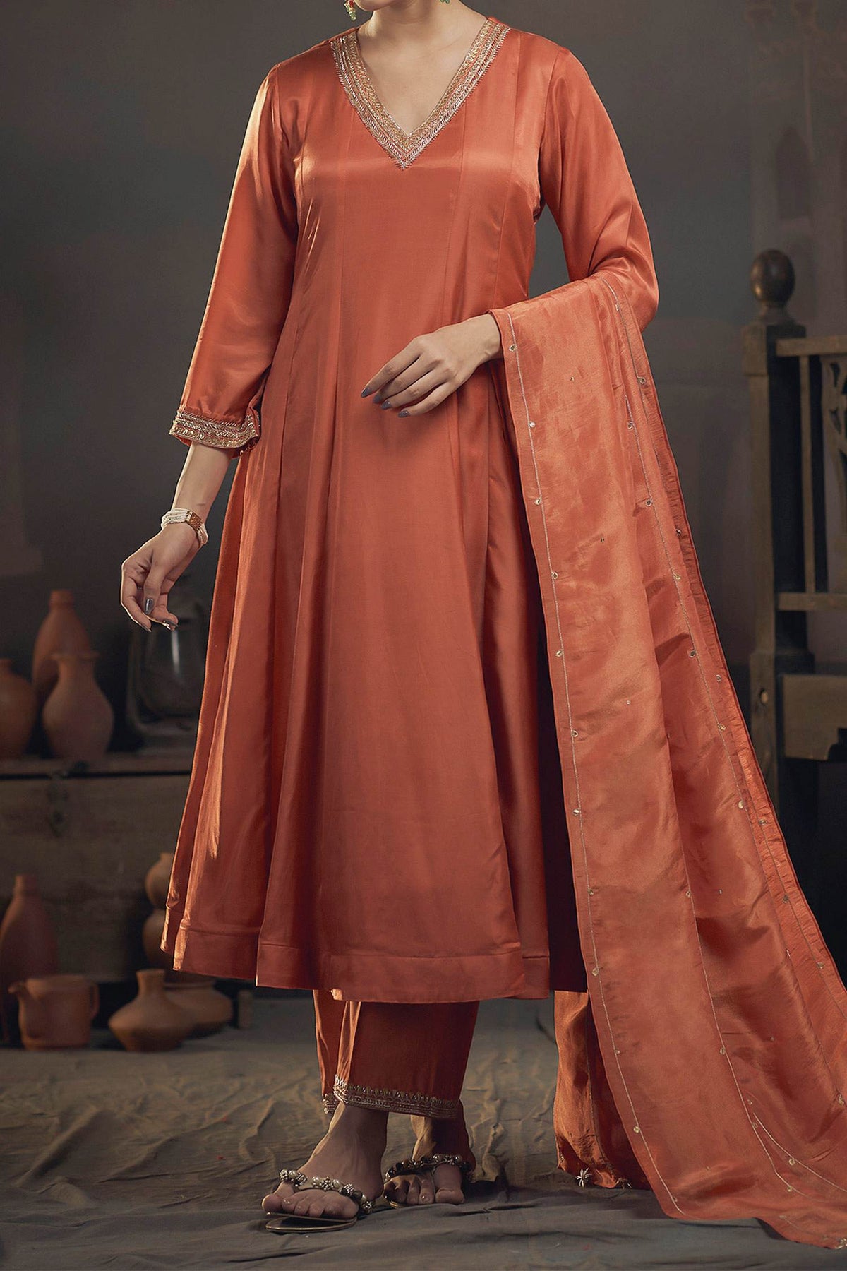 Shop Hirika &amp; Dhruti Orange Dupatta Tissue, Kurta Silk Chanderi, Embroidered Neckline Kali Set For Kids at Aza Fashions