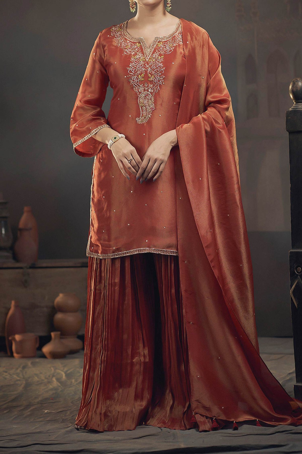 Shop Hirika &amp; Dhruti Orange Tissue Pita, Rose Embroidered Kurta Sharara Set For Kids at Aza Fashions
