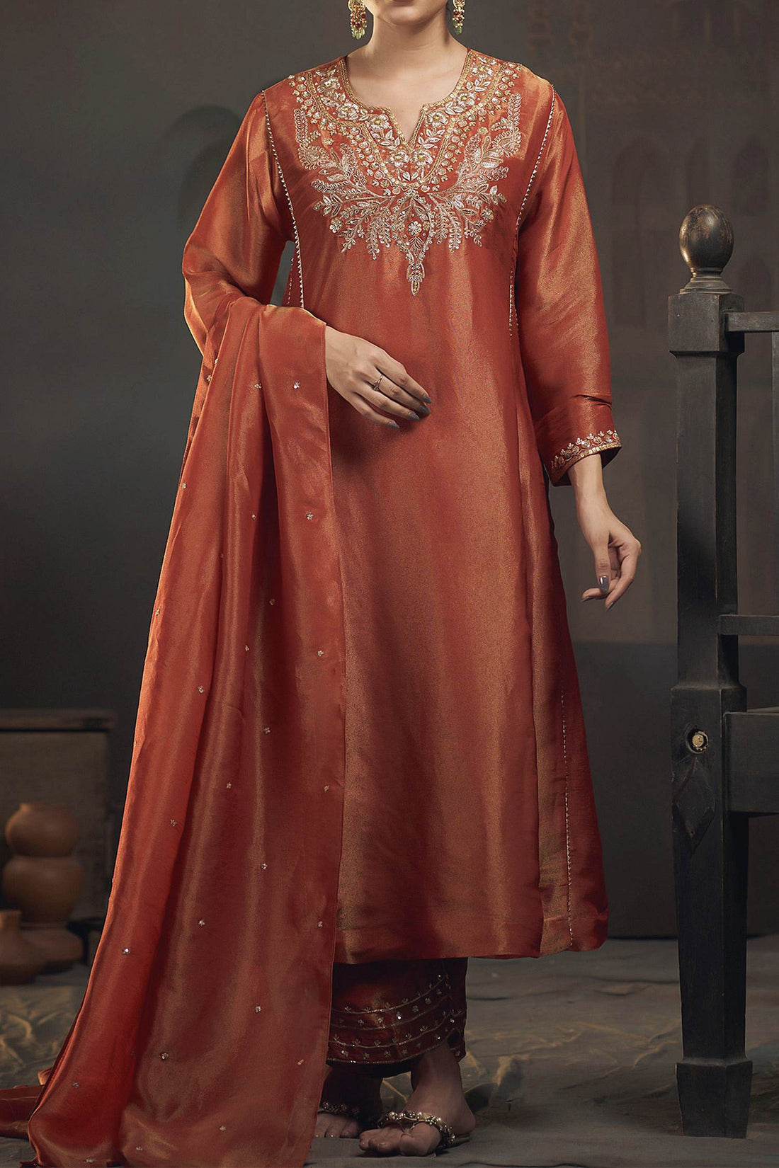 Shop Hirika &amp; Dhruti Orange Tissue Zardozi Embroidered Kurta Pant Set For Kids at Aza Fashions
