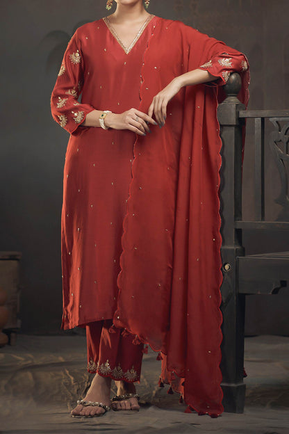 Shop Hirika &amp; Dhruti Red Dupatta Organza, Kurta Silk Chanderi, Pant Cotton Embroidered Set For Kids at Aza Fashions