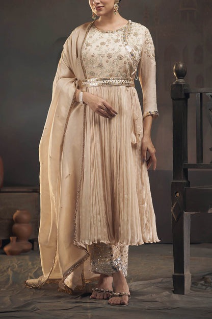 Shop Hirika &amp; Dhruti Beige Tissue, Chinnon Floral, Zardozi Embroidered Pleated Anarkali Set For Kids at Aza Fashions