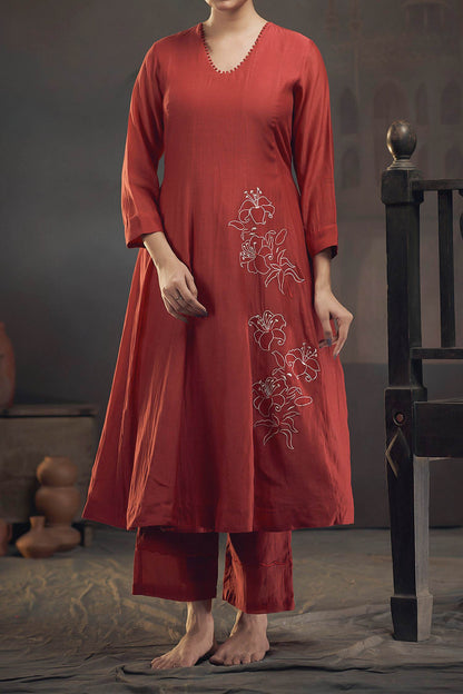 Shop Hirika &amp; Dhruti Red Chanderi Flower Pattern Kurta And Pant Set For Kids at Aza Fashions